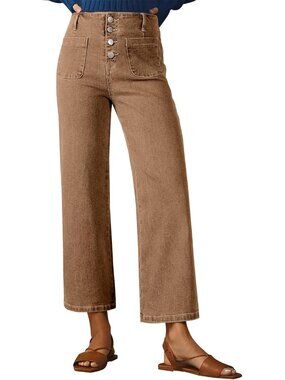 Women's Brown High Waisted Jeans Stretchy Denim Pant Casual Wide Leg Jeans